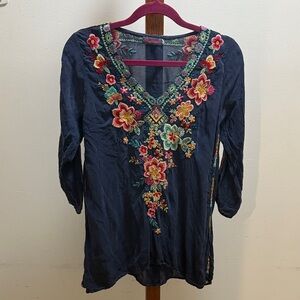 Johnny Was Dark Blue Blouse with Floral Embroidery